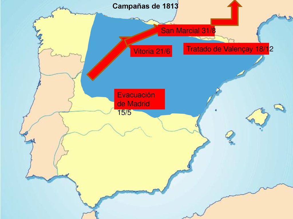 Campañas de 1813 San Marcial 31/8 Tratado de Valençay 18/12 Vitoria 21/6 Evacuación de Madrid 15/5