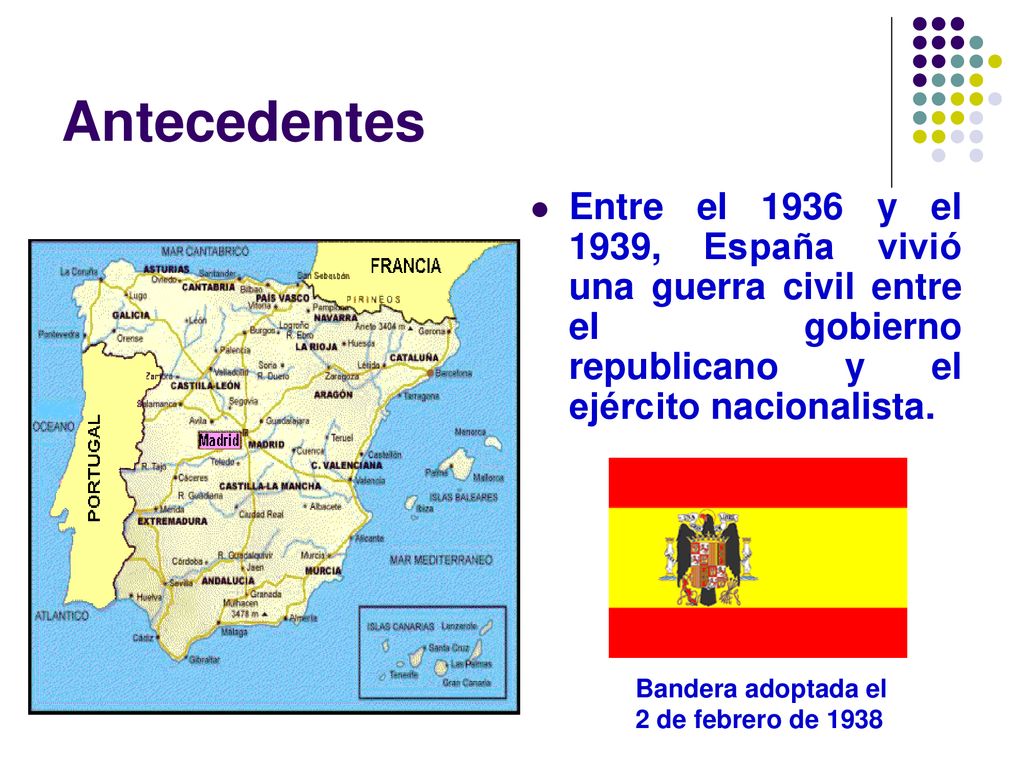 Antecedentes Entre el 1936 y el 1939, España vivió una guerra civil entre el gobierno republicano y el ejército nacionalista.