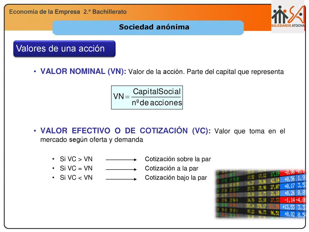 Sociedad anónima Valores de una acción. VALOR NOMINAL (VN): Valor de la acción. Parte del capital que representa.