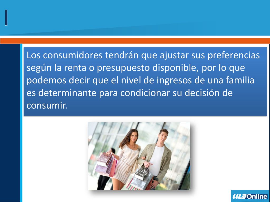 Los consumidores tendrán que ajustar sus preferencias según la renta o presupuesto disponible, por lo que podemos decir que el nivel de ingresos de una familia es determinante para condicionar su decisión de consumir.