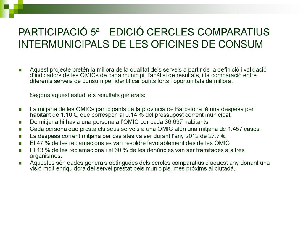 PARTICIPACIÓ 5ª EDICIÓ CERCLES COMPARATIUS INTERMUNICIPALS DE LES OFICINES DE CONSUM