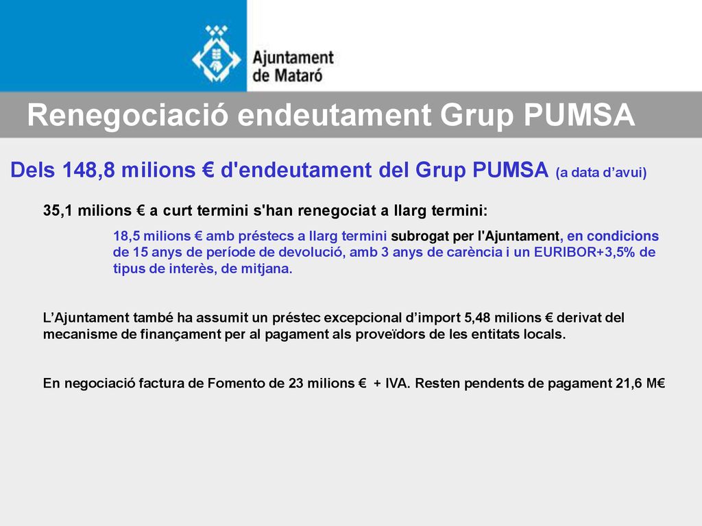 Dels 148,8 milions € d endeutament del Grup PUMSA (a data d’avui)