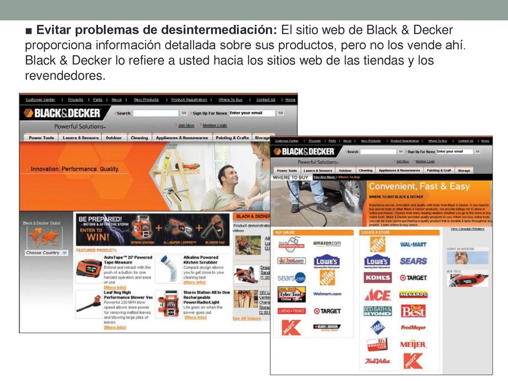 ■ Evitar problemas de desintermediación: El sitio web de Black & Decker proporciona información detallada sobre sus productos, pero no los vende ahí.