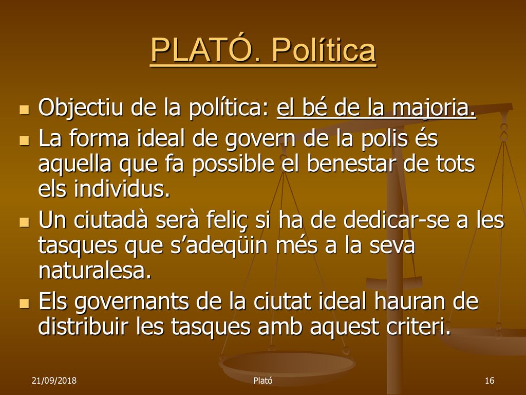 PLATÓ. Política Objectiu de la política: el bé de la majoria.