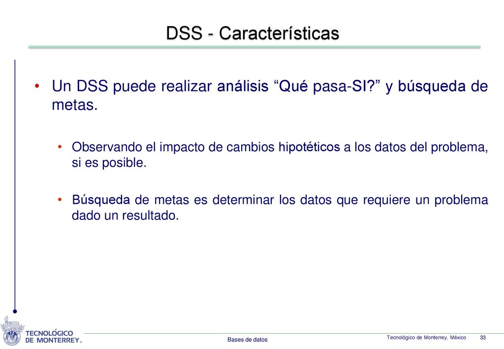 DSS - Características Un DSS puede realizar análisis Qué pasa-SI y búsqueda de metas.