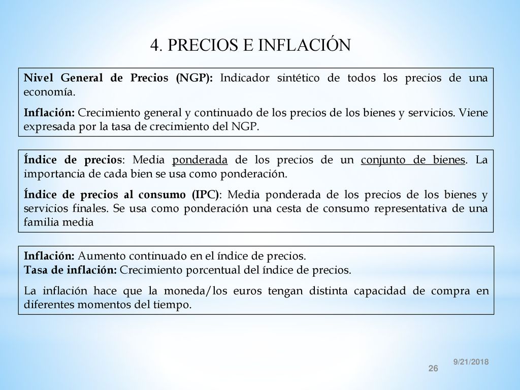 4. PRECIOS E INFLACIÓN Nivel General de Precios (NGP): Indicador sintético de todos los precios de una economía.