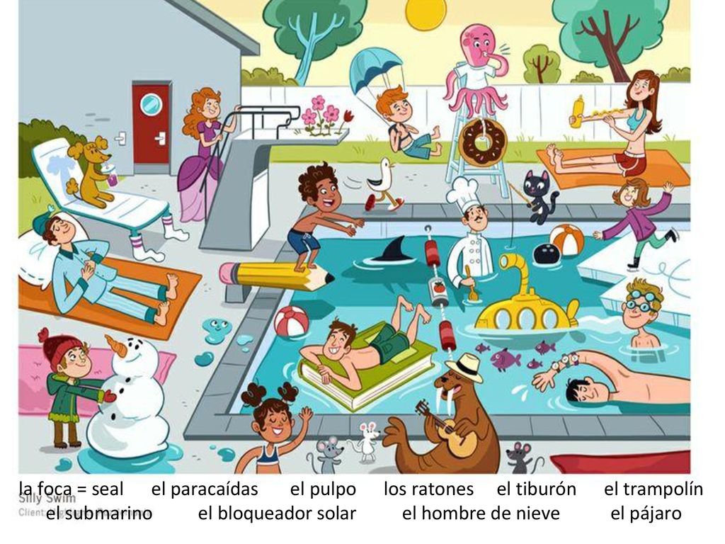 la foca = seal el paracaídas el pulpo los ratones el tiburón el trampolín