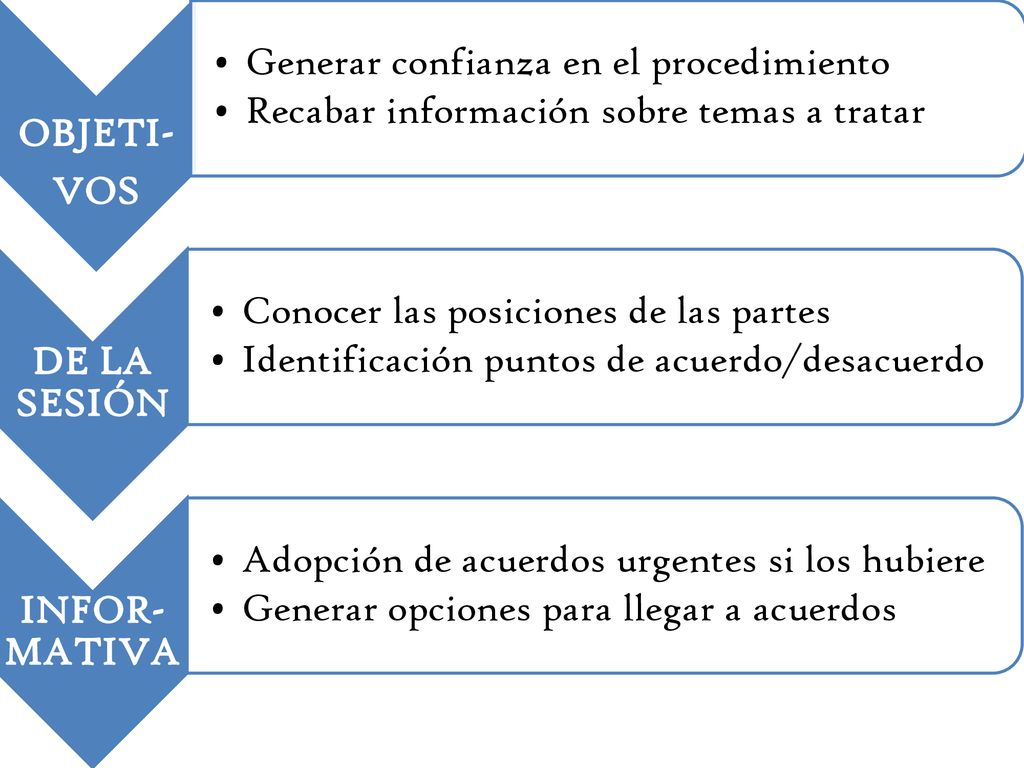 OBJETI- VOS. Generar confianza en el procedimiento. Recabar información sobre temas a tratar. DE LA SESIÓN.