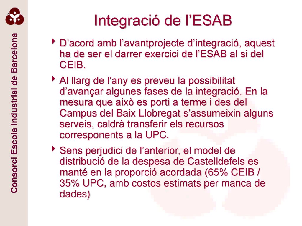 Integració de l’ESAB D’acord amb l’avantprojecte d’integració, aquest ha de ser el darrer exercici de l’ESAB al si del CEIB.