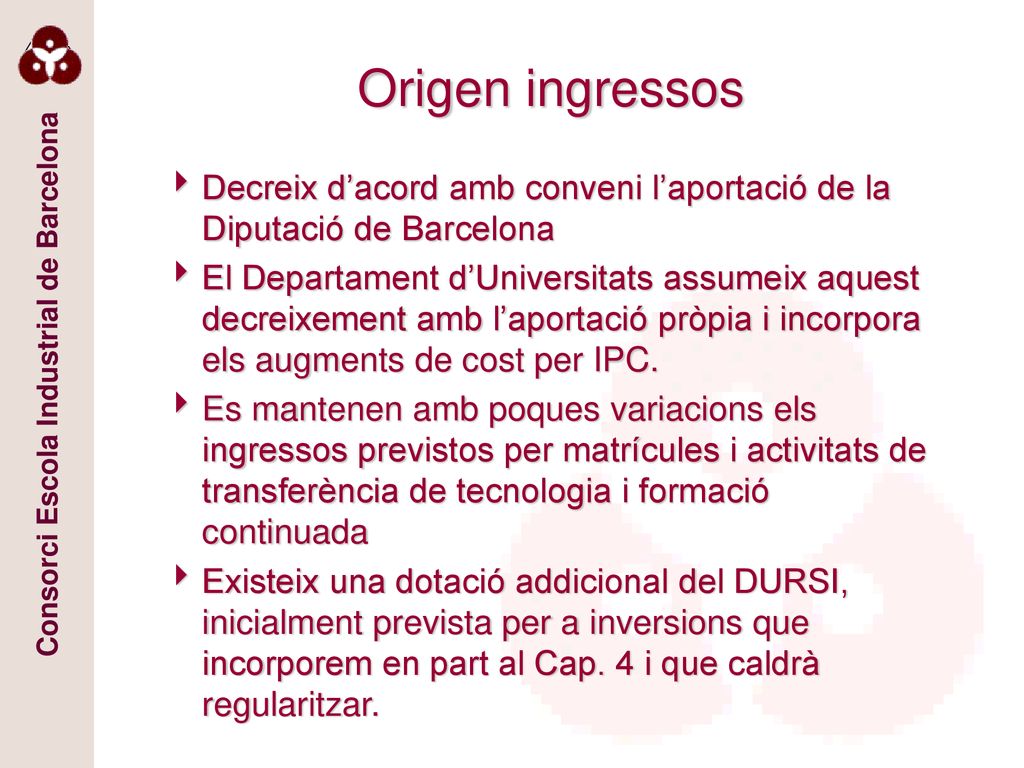 Origen ingressos Decreix d’acord amb conveni l’aportació de la Diputació de Barcelona.
