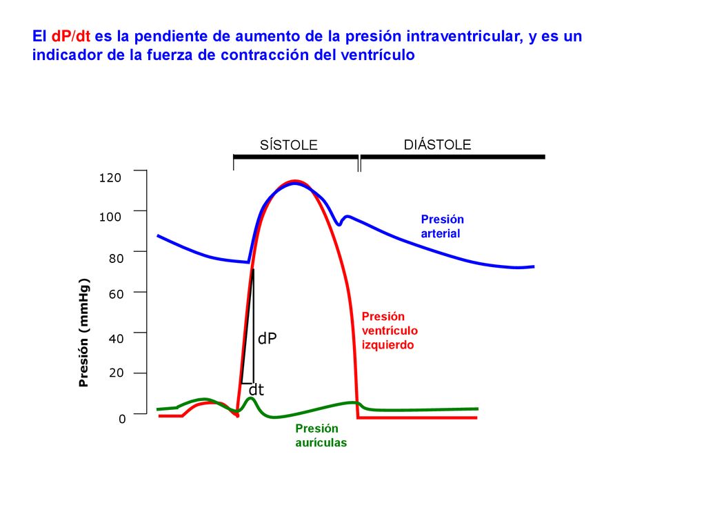 El dP/dt es la pendiente de aumento de la presión intraventricular, y es un indicador de la fuerza de contracción del ventrículo