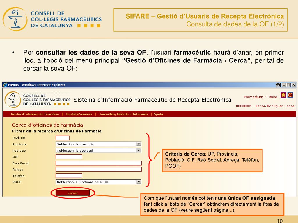 SIFARE – Gestió d’Usuaris de Recepta Electrònica Consulta de dades de la OF (1/2)