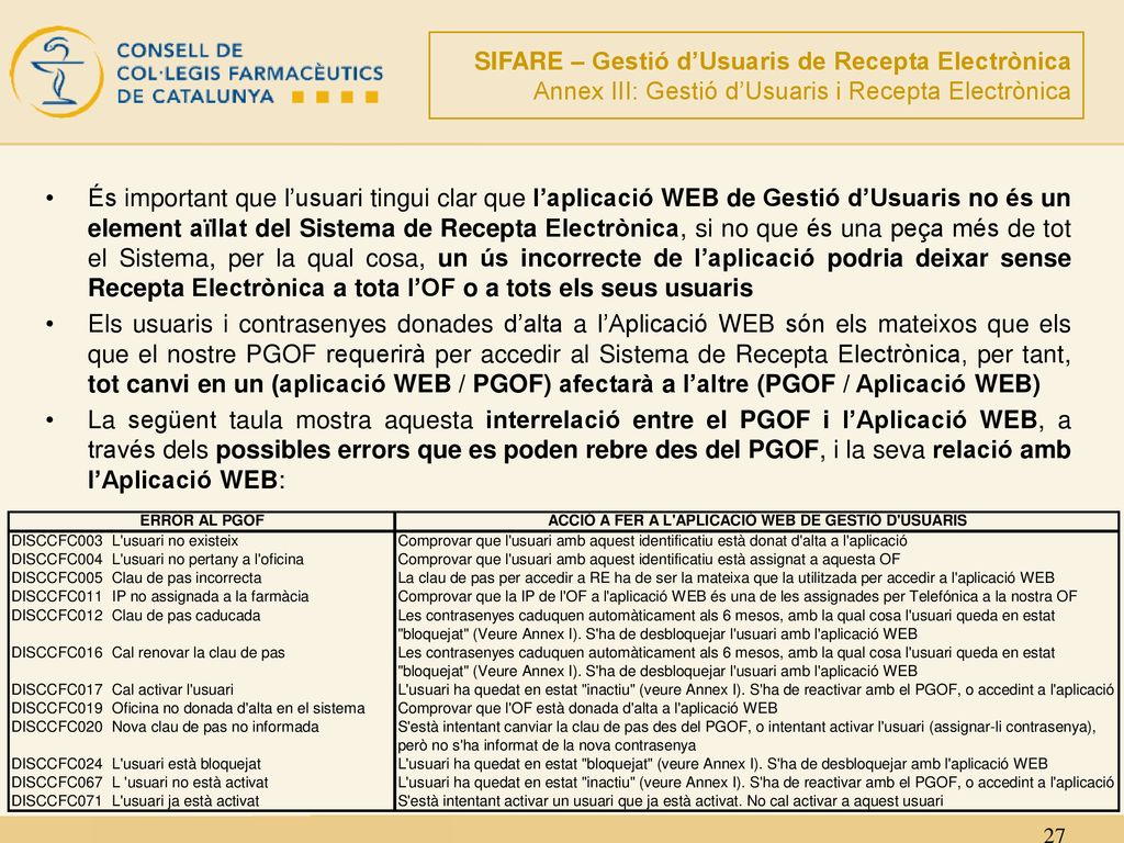 SIFARE – Gestió d’Usuaris de Recepta Electrònica Annex III: Gestió d’Usuaris i Recepta Electrònica