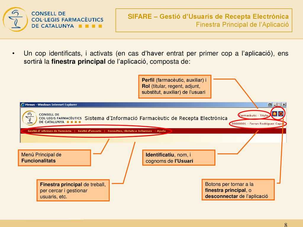 SIFARE – Gestió d’Usuaris de Recepta Electrònica Finestra Principal de l’Aplicació