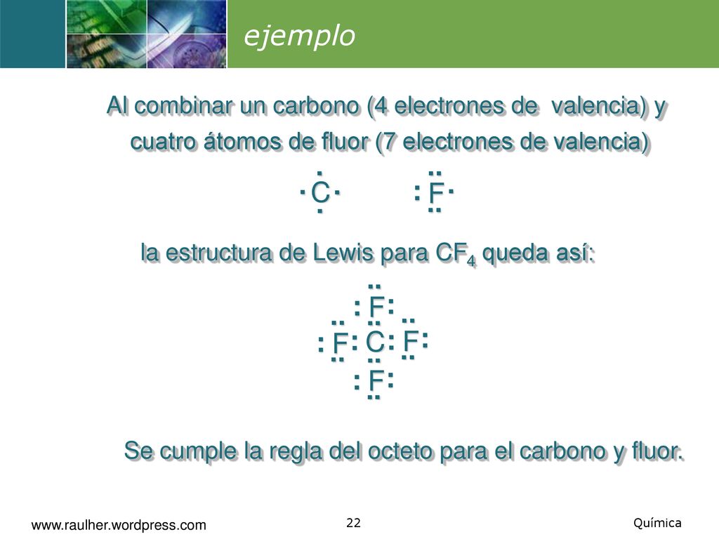 ejemplo Al combinar un carbono (4 electrones de valencia) y cuatro átomos de fluor (7 electrones de valencia)
