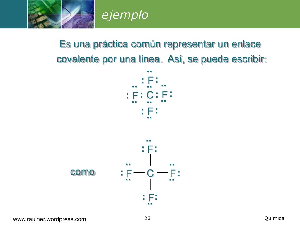 ejemplo Es una práctica común representar un enlace covalente por una linea. Así, se puede escribir: