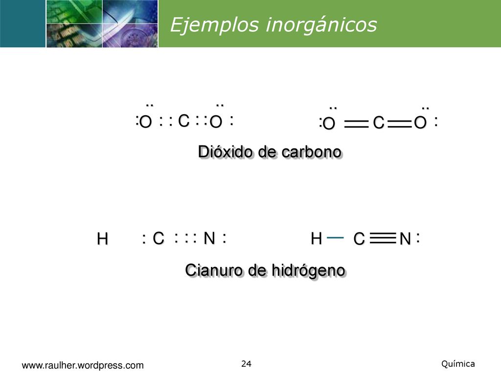 Ejemplos inorgánicos C : O .. C : O .. Dióxido de carbono : N C H : N