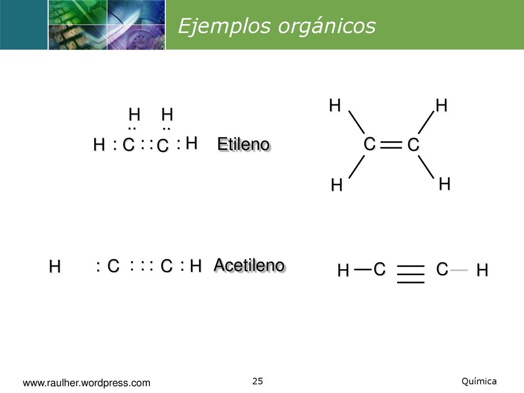Ejemplos orgánicos C H C : .. H Etileno : C H Acetileno C H