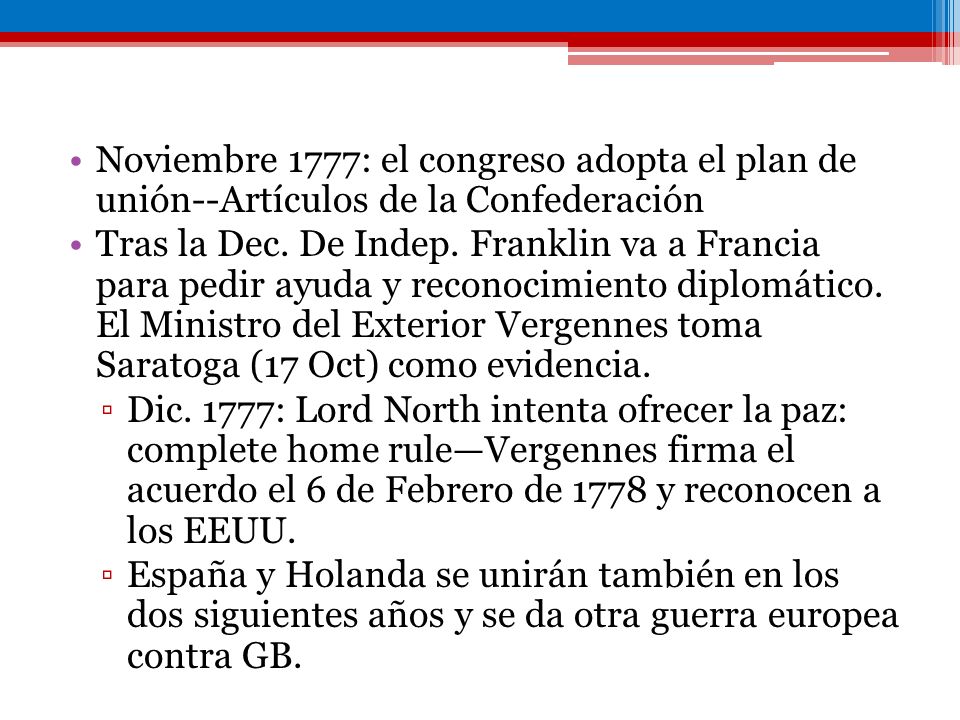 Noviembre 1777: el congreso adopta el plan de unión--Artículos de la Confederación