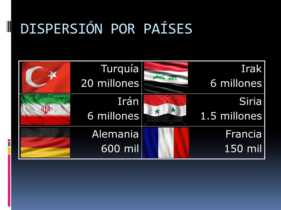 DISPERSIÓN POR PAÍSES Turquía 20 millones Irak 6 millones Irán Siria