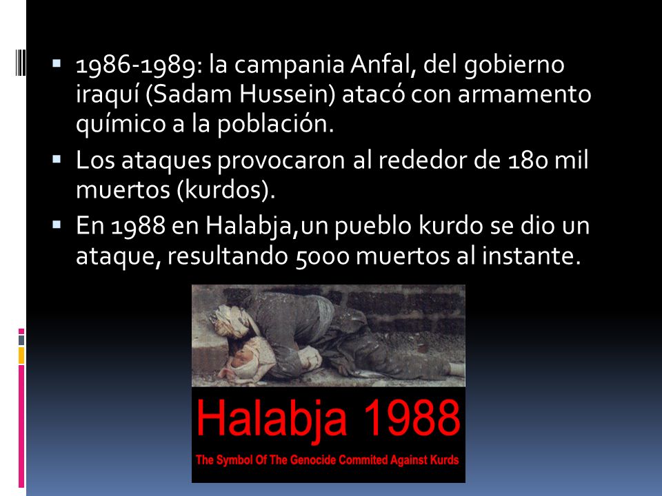 : la campania Anfal, del gobierno iraquí (Sadam Hussein) atacó con armamento químico a la población.