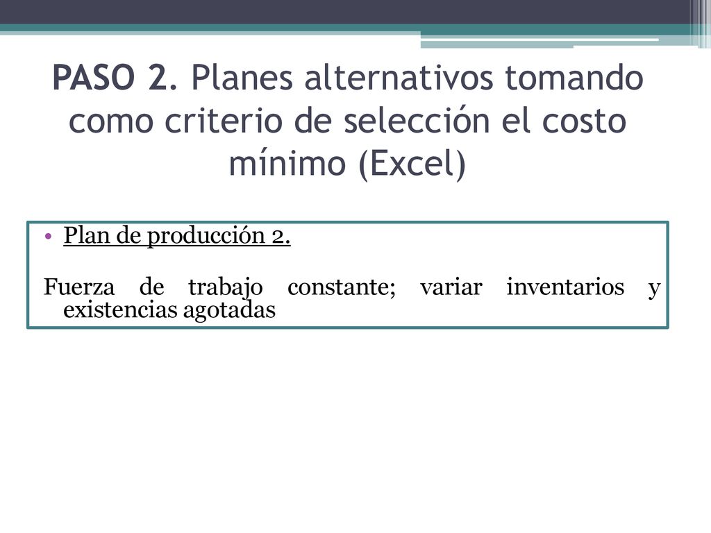 PASO 2. Planes alternativos tomando como criterio de selección el costo mínimo (Excel)