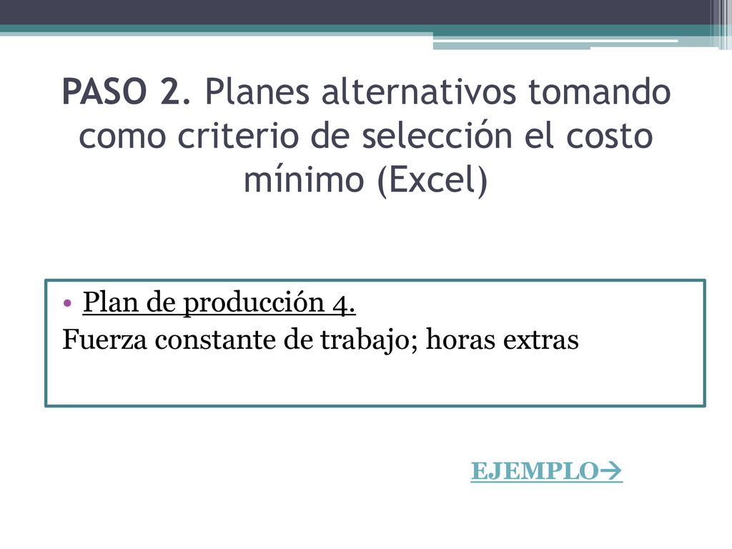 PASO 2. Planes alternativos tomando como criterio de selección el costo mínimo (Excel)