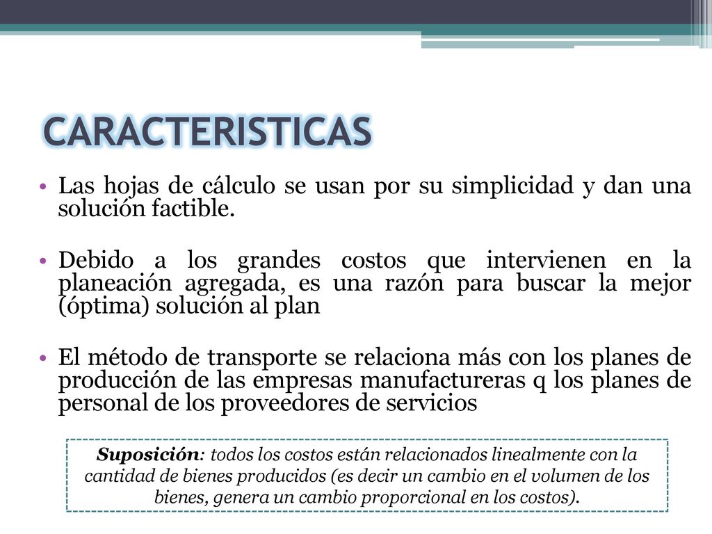 CARACTERISTICAS Las hojas de cálculo se usan por su simplicidad y dan una solución factible.
