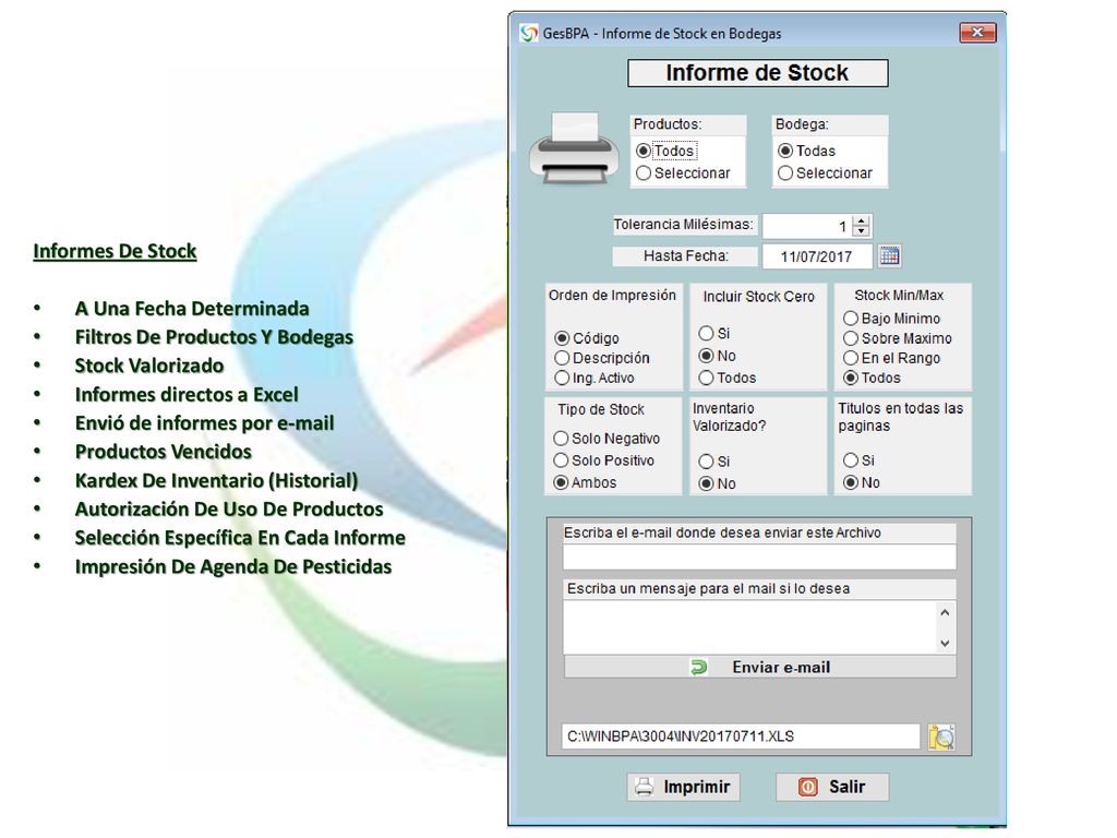 Informes De Stock A Una Fecha Determinada. Filtros De Productos Y Bodegas. Stock Valorizado. Informes directos a Excel.