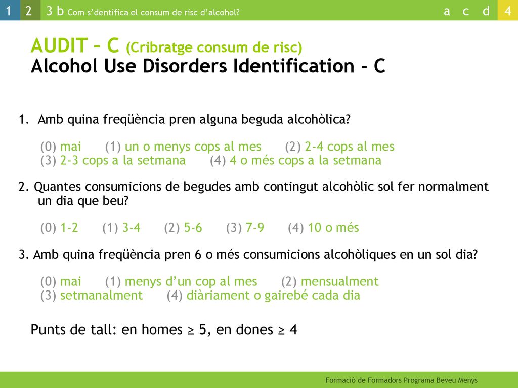 AUDIT – C (Cribratge consum de risc) Alcohol Use Disorders Identification - C