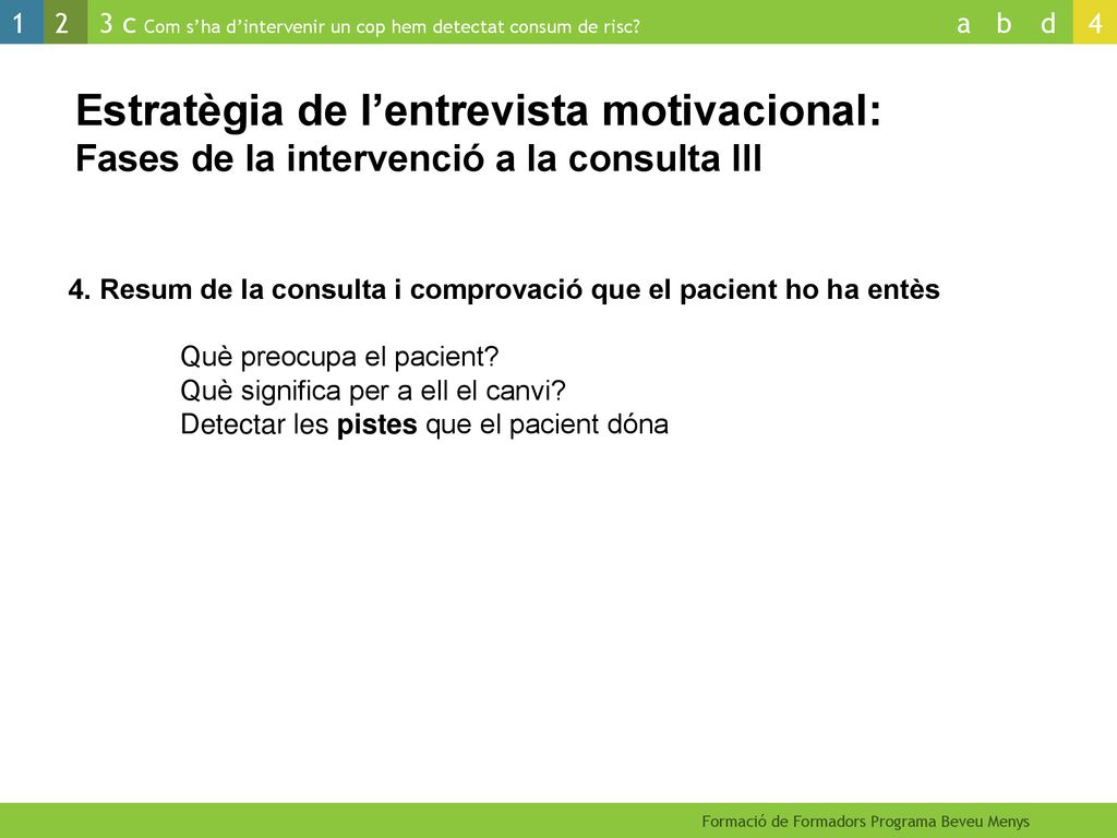 Estratègia de l’entrevista motivacional: Fases de la intervenció a la consulta III