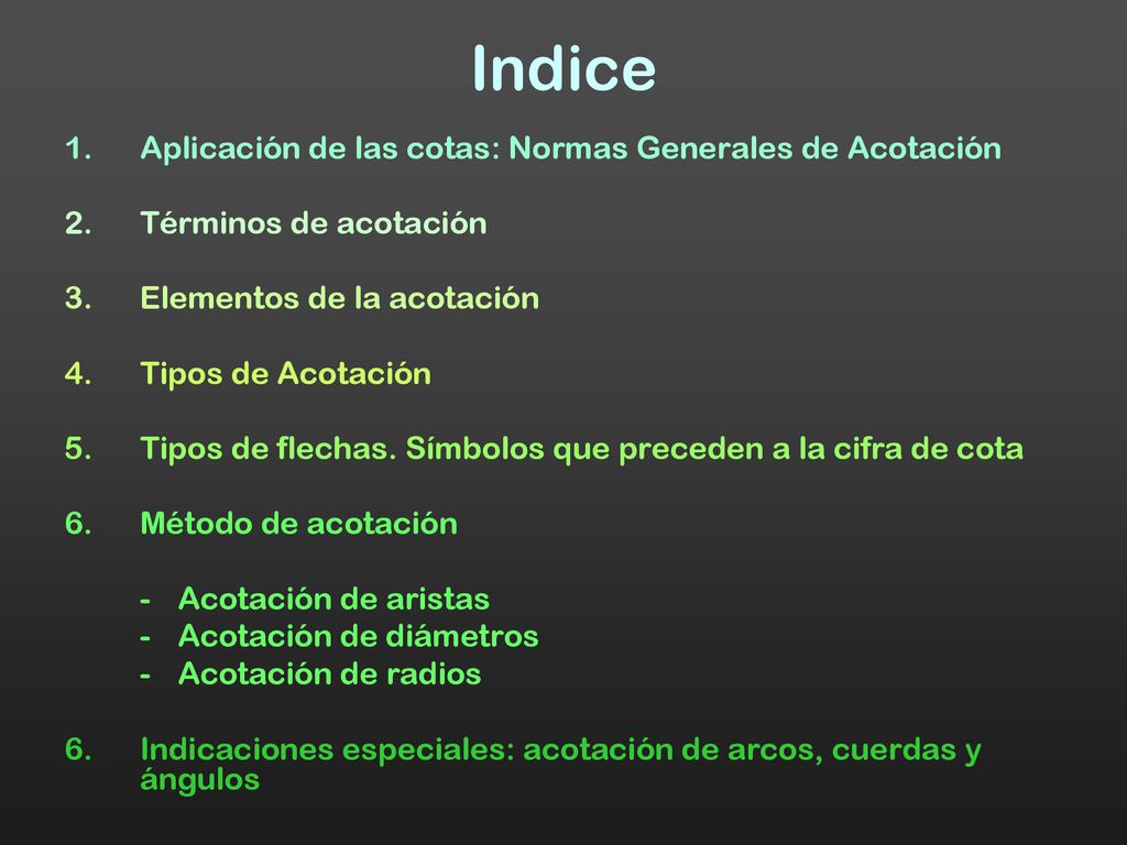 Indice Aplicación de las cotas: Normas Generales de Acotación