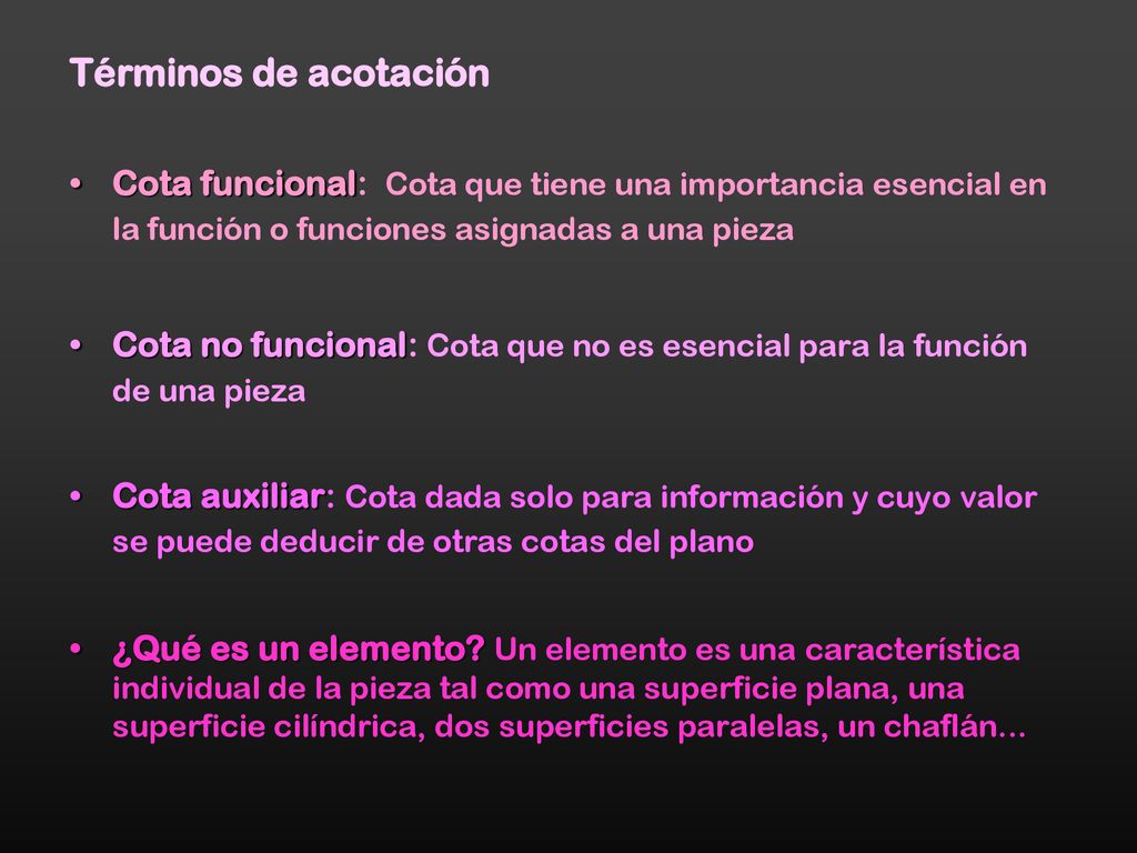 Términos de acotación Cota funcional: Cota que tiene una importancia esencial en la función o funciones asignadas a una pieza.