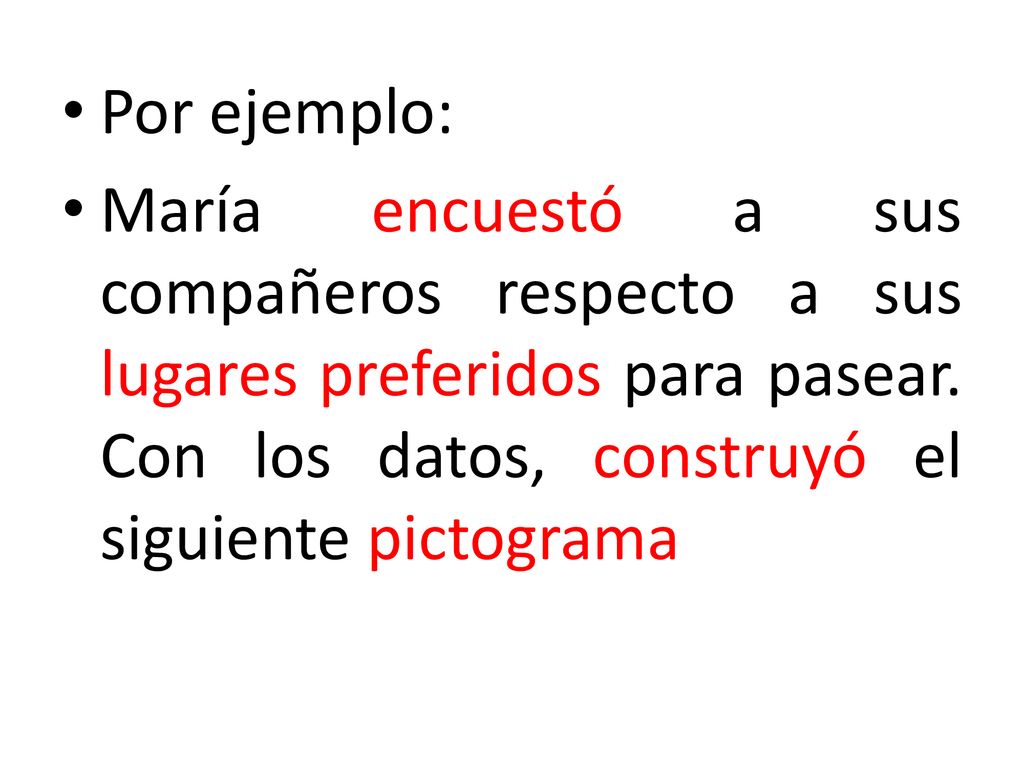 Por ejemplo: María encuestó a sus compañeros respecto a sus lugares preferidos para pasear.