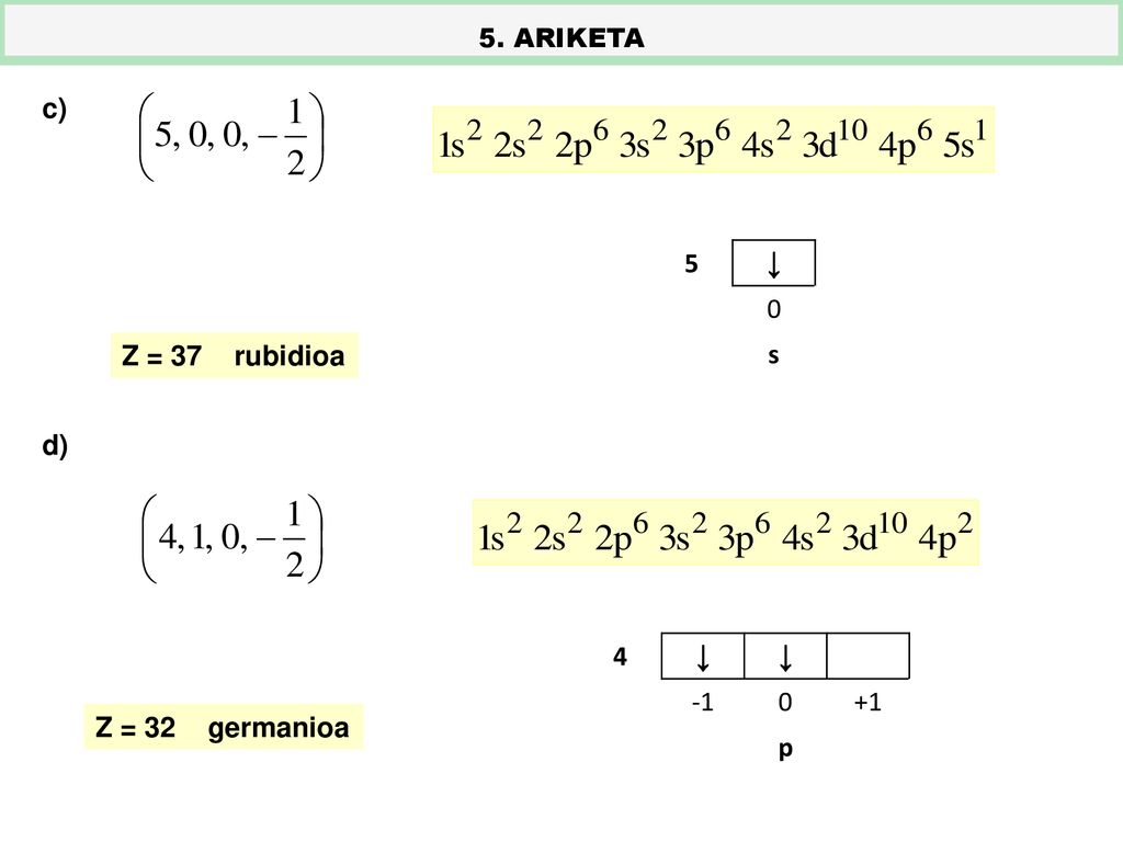 5. ARIKETA c) d) 5 ↓ s Z = 37 rubidioa 4 ↓ p Z = 32 germanioa