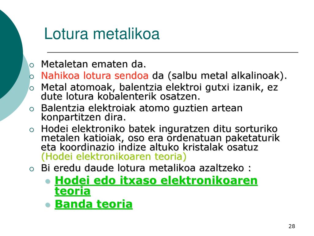 Lotura metalikoa Hodei edo itxaso elektronikoaren teoria Banda teoria