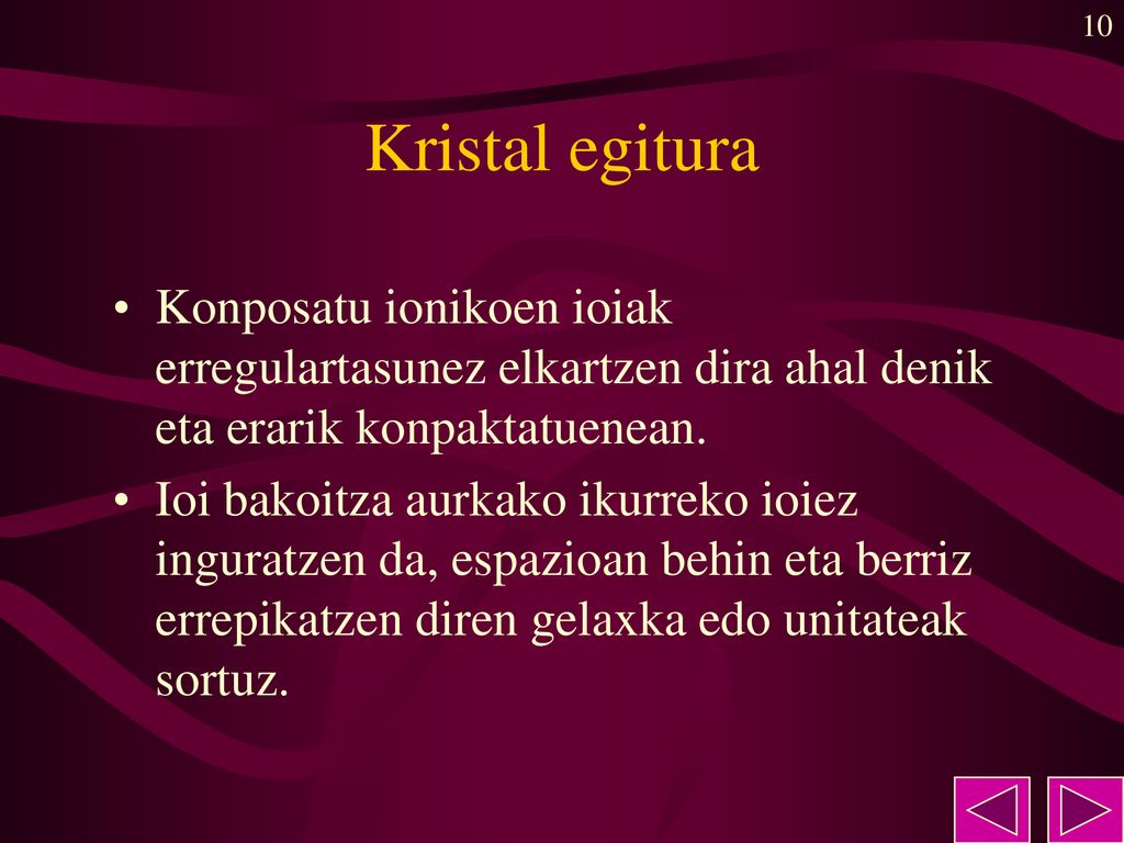 Kristal egitura Konposatu ionikoen ioiak erregulartasunez elkartzen dira ahal denik eta erarik konpaktatuenean.