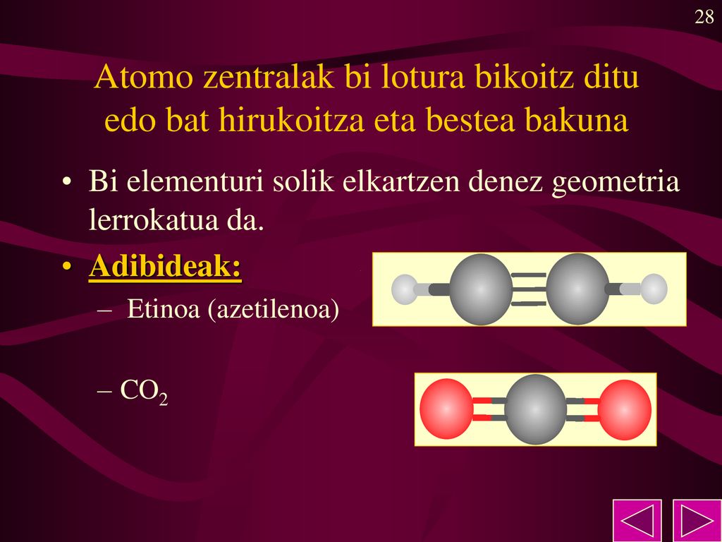 Atomo zentralak bi lotura bikoitz ditu edo bat hirukoitza eta bestea bakuna