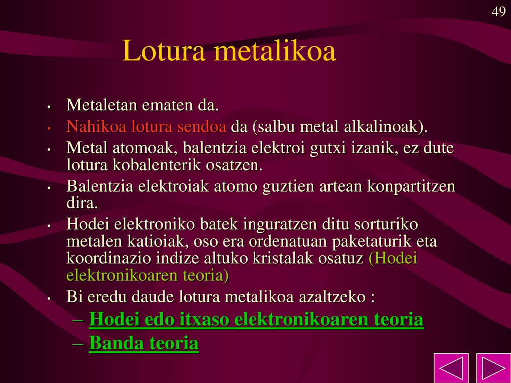 Lotura metalikoa Hodei edo itxaso elektronikoaren teoria Banda teoria