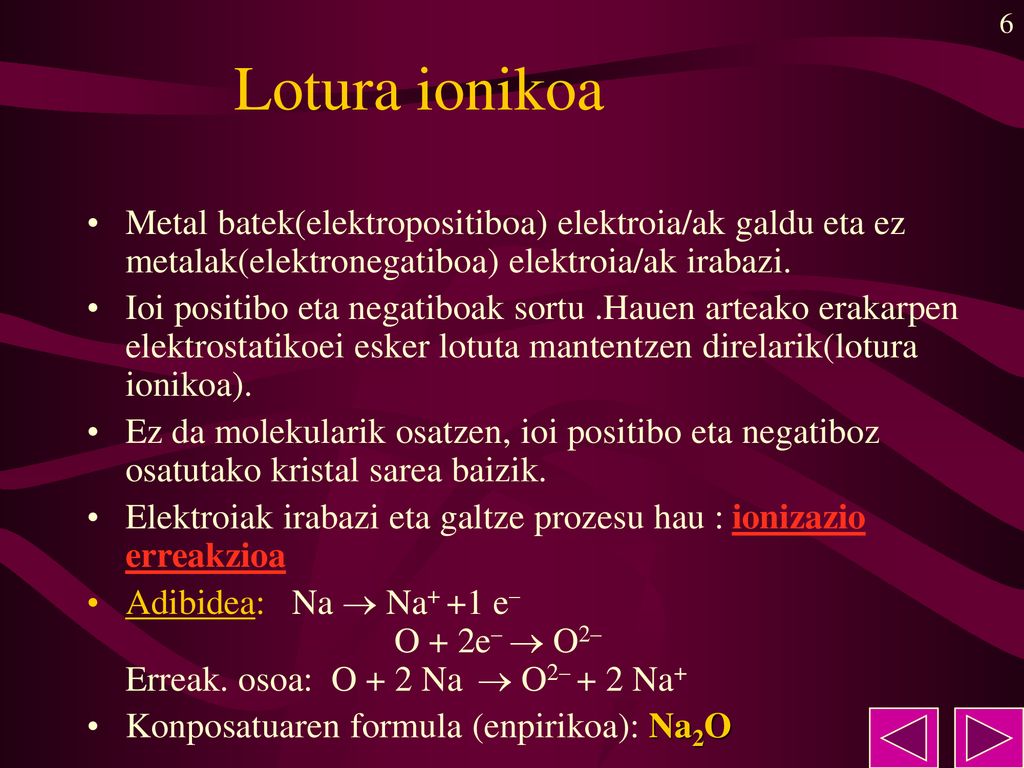 Lotura ionikoa Metal batek(elektropositiboa) elektroia/ak galdu eta ez metalak(elektronegatiboa) elektroia/ak irabazi.