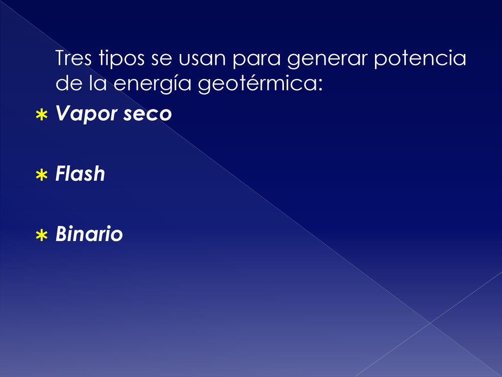 Tres tipos se usan para generar potencia de la energía geotérmica: