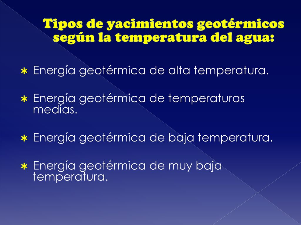 Tipos de yacimientos geotérmicos según la temperatura del agua: