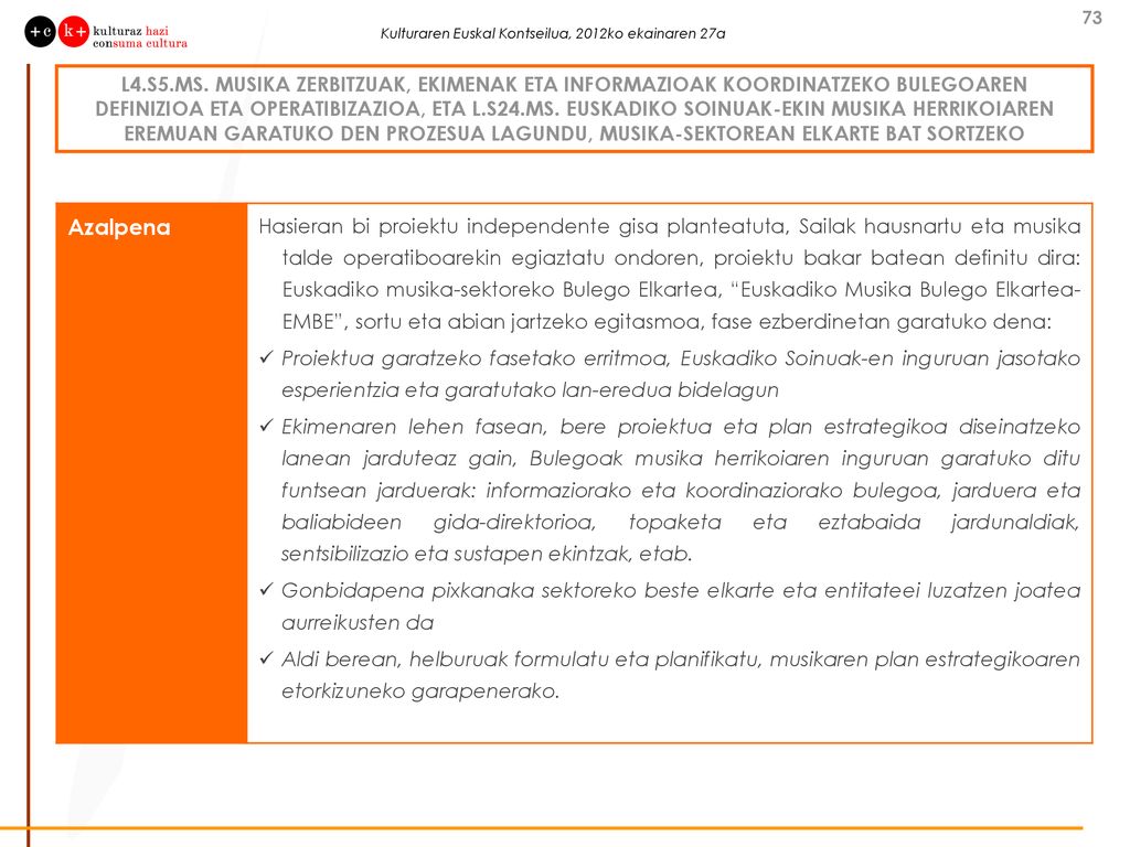 L4.S5.MS. MUSIKA ZERBITZUAK, EKIMENAK ETA INFORMAZIOAK KOORDINATZEKO BULEGOAREN DEFINIZIOA ETA OPERATIBIZAZIOA, ETA L.S24.MS. EUSKADIKO SOINUAK-EKIN MUSIKA HERRIKOIAREN EREMUAN GARATUKO DEN PROZESUA LAGUNDU, MUSIKA-SEKTOREAN ELKARTE BAT SORTZEKO
