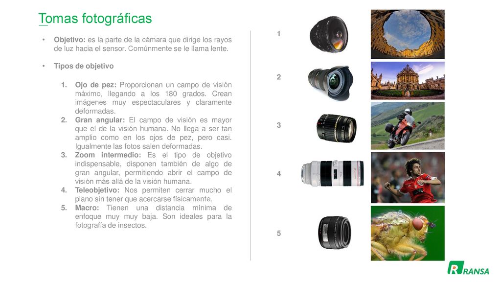 Tomas fotográficas 1. Objetivo: es la parte de la cámara que dirige los rayos de luz hacia el sensor. Comúnmente se le llama lente.