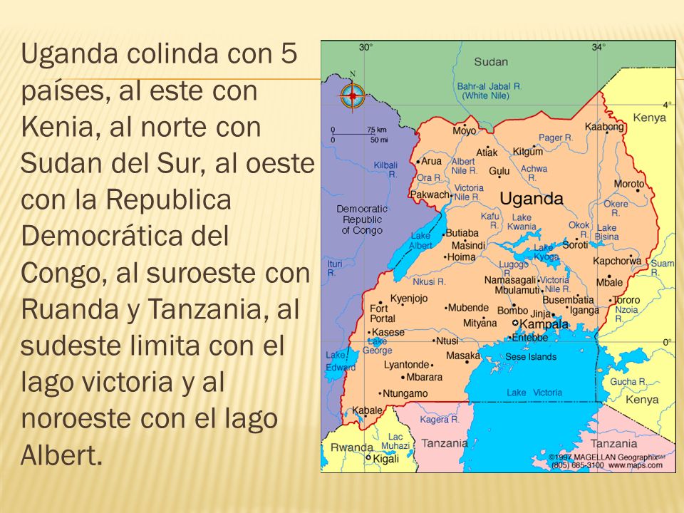 Uganda colinda con 5 países, al este con Kenia, al norte con Sudan del Sur, al oeste con la Republica Democrática del Congo, al suroeste con Ruanda y Tanzania, al sudeste limita con el lago victoria y al noroeste con el lago Albert.