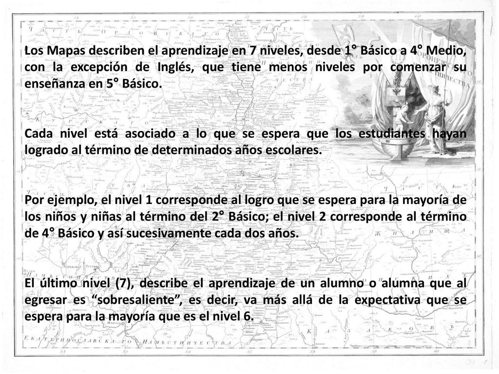 Los Mapas describen el aprendizaje en 7 niveles, desde 1° Básico a 4° Medio, con la excepción de Inglés, que tiene menos niveles por comenzar su enseñanza en 5° Básico.