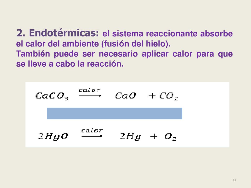 2. Endotérmicas: el sistema reaccionante absorbe el calor del ambiente (fusión del hielo).