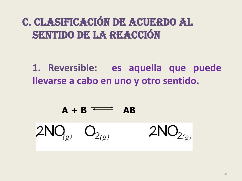 C. Clasificación de acuerdo al sentido de la Reacción 1