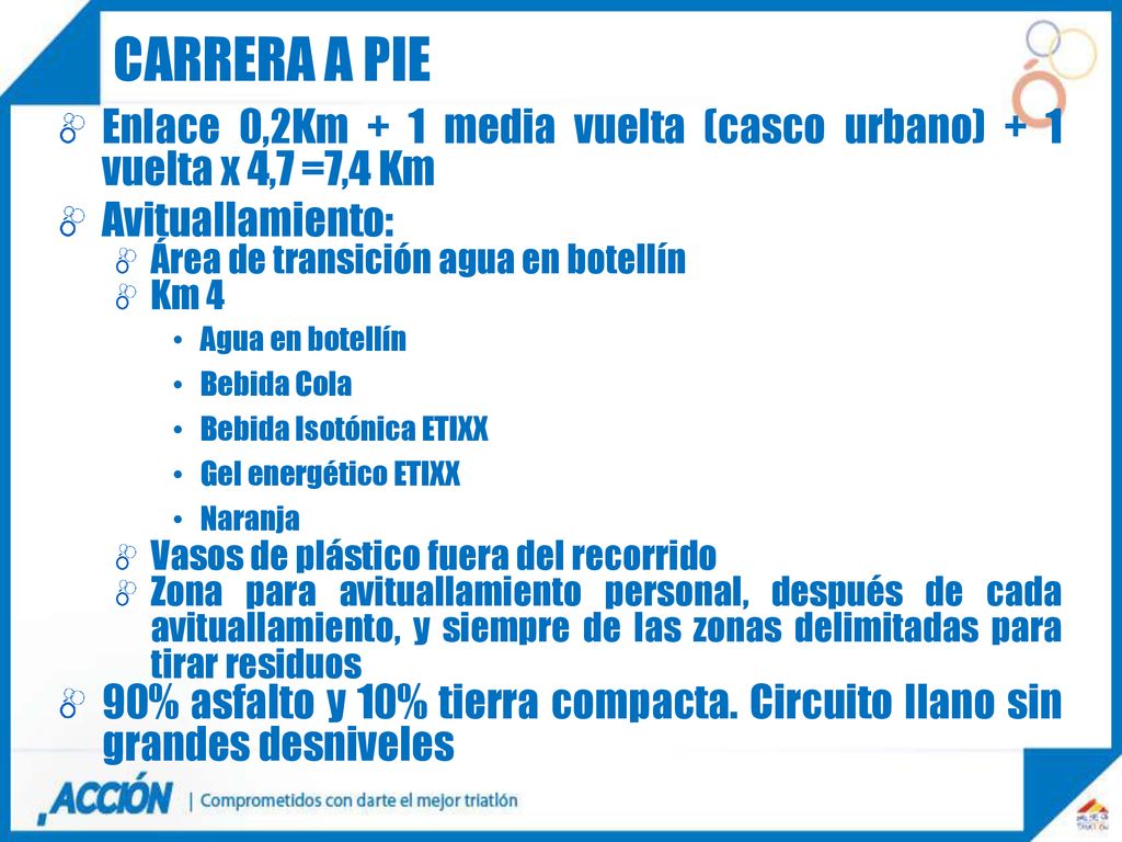 Carrera a pie Enlace 0,2Km + 1 media vuelta (casco urbano) + 1 vuelta x 4,7 =7,4 Km. Avituallamiento:
