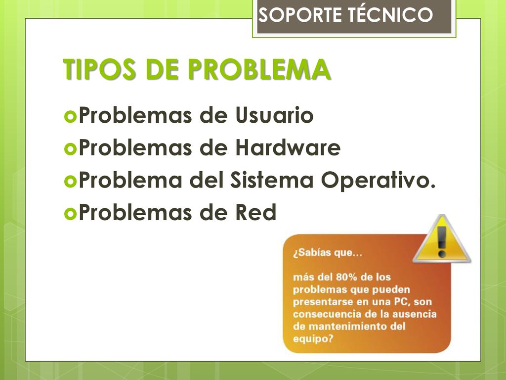 TIPOS DE PROBLEMA Problemas de Usuario Problemas de Hardware
